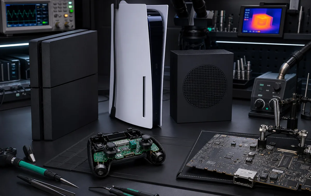 PS4, PS5 ve Xbox konsollarının oyun kolu ve anakartla birlikte profesyonel laboratuvarda incelenmesi