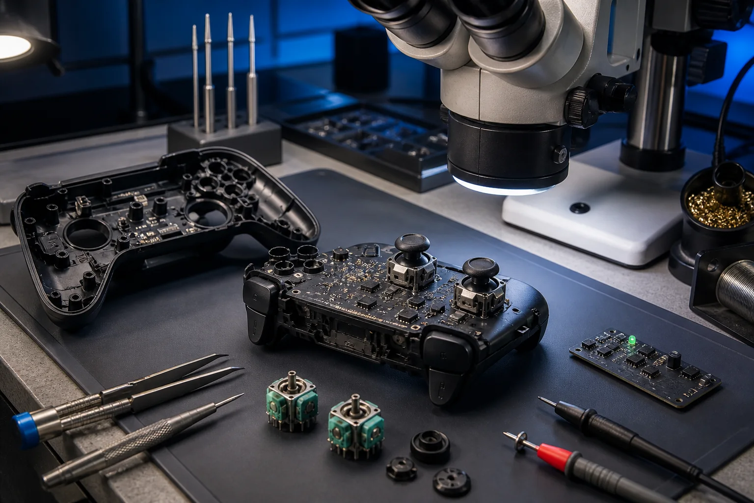PS5 DualSense oyun kolunda analog modül incelemesi yapılan teknik servis masası
