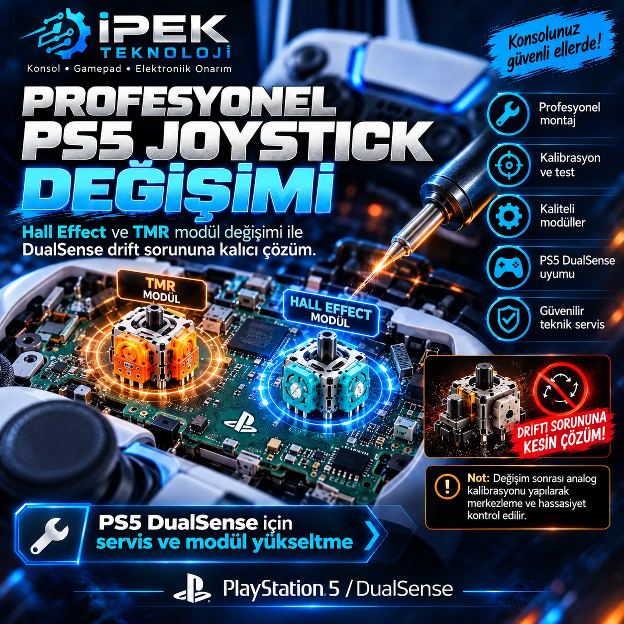 PS5 DualSense kartında Hall Effect ve TMR joystick modülü değişimi